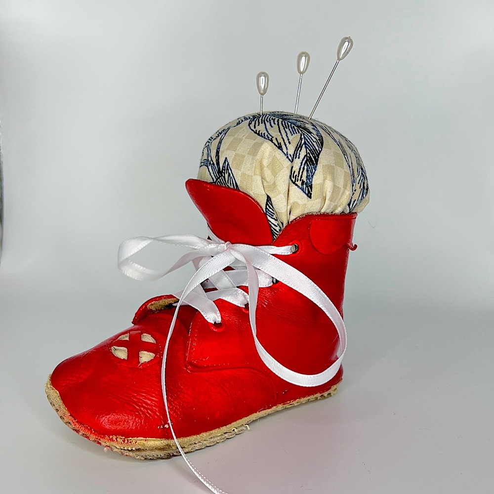 Sold❌ Red Leather Baby Shoe PIN CUSHION. Handmade upcycled w/ leather paint